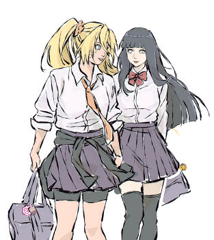 Rule 34 | 2girls, alternate costume, alternate universe, bag, beerenfuchs, black thighhighs, blue eyes, blunt bangs, bow, bowtie, closed mouth, clothes around waist, collared shirt, couple, hair between eyes, handbag, happy, highres, holding, holding hands, hyuuga hinata, jacket, jacket around waist, layered clothes, light smile, long hair, long sleeves, looking at another, looking to the side, multiple girls, naruko (naruto), naruto (series), naruto shippuuden, necktie, orange necktie, pants, parted lips, red bow, red bowtie, school uniform, shirt, shorts, shorts under skirt, simple background, skirt, smile, standing, straight hair, thighhighs, twintails, upper body, uzumaki naruto, whiskers, white background, yuri