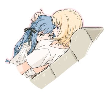 2girls bang_dream! bang_dream!_it&#039;s_mygo!!!!! black_ribbon blonde_hair blue_hair breasts commentary hair_ribbon headpat hug koeua2528 long_hair long_sleeves medium_breasts medium_hair misumi_uika multiple_girls outline pink_outline purple_eyes ribbon short_sleeves sidelocks symbol-only_commentary togawa_sakiko yuri