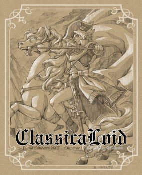 Rule 34 | 1boy, artist name, ascot, boots, border, classicaloid, closed mouth, coat, copyright name, floating cape, foreshortening, hat, highres, holding, holding reins, horse, horseback riding, ludwig van beethoven (classicaloid), misuzu aki, monochrome, napoleon crossing the alps, outdoors, pants, reins, riding, short hair, solo, song name, sword, weapon