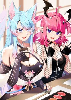 2girls ahoge animal_ears bare_shoulders black_gloves black_nails black_tank_top blue_hair blue_nails blurry blurry_background blush breasts camila_(cami_1.0)_(vtuber) camila_(vtuber) cleavage colored_eyelashes colored_tips commentary_request cup demon_girl diamond-shaped_pupils diamond_(shape) diamond_hair_ornament ear_piercing earrings elbow_gloves eyelashes fang fingerless_gloves fingernails fishnets flower food gloves hair_flower hair_ornament head_wings highres holding holding_cup holding_food indie_virtual_youtuber jewelry kasumi_komo mismatched_eyelashes multicolored_hair multiple_girls nail_polish off_shoulder open_mouth piercing pink_flower pink_hair pointy_ears purple_eyes silvervale silvervale_(silver_3.0) skin_fang smile sushi symbol-shaped_pupils tank_top two_side_up virtual_youtuber vshojo wings wolf_ears wolf_girl