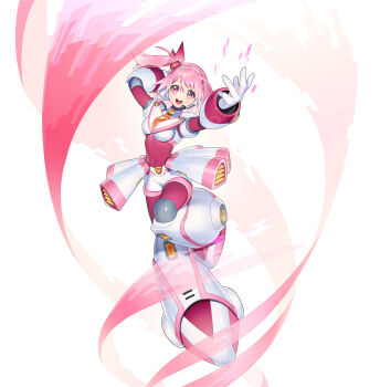1girl alternate_color armor bodysuit breasts buzzsaw_(6631455) commentary_request full_body headset highres mega_man_(series) mega_man_x_(series) mega_man_x_dive pink_armor pink_bodysuit pink_eyes pink_hair rico_(mega_man) robot_girl side_ponytail simple_background solo white_background