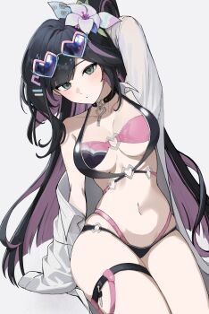 1girl abigail_(eternal_return) ahin_db bikini black_hair black_survival collar eternal_return:_black_survival green_eyes heart_glasses key long_hair multicolored_hair navel sitting swimsuit thigh_strap
