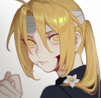 Rule 34 | 1boy, ahoge, blonde hair, blood, blood on face, cbow, closed mouth, commentary request, curtained hair, edward elric, flower, fullmetal alchemist, highres, long hair, male focus, ponytail, portrait, simple background, solo, white background, white flower