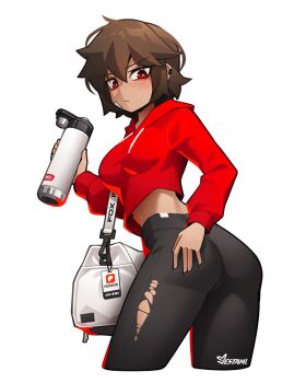 1girl artist_name ass bag bright_pupils brown_hair closed_mouth commentary cropped_legs english_commentary freckles highres holding_thermos hood hoodie jestami looking_at_viewer original pants patreon_logo red_eyes red_hoodie short_hair solo thermos torn_clothes torn_pants white_pupils yoga_pants