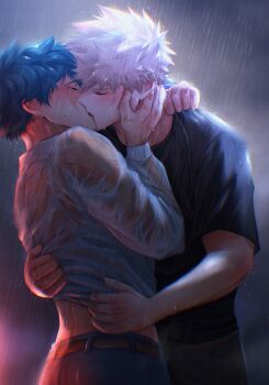 2boys absurdres arm_around_neck arm_up bakugou_katsuki belt belt_buckle black_pants blonde_hair blue_pants boku_no_hero_academia brown_belt buckle closed_eyes clothes_lift collared_shirt commentary crew_neck denim english_commentary facial_scar green_hair hand_on_another&#039;s_back hand_on_another&#039;s_face highres jeans long_sleeves male_focus midoriya_izuku multiple_boys oshidraws pants rain scar scar_on_cheek scar_on_face see-through_clothes see-through_shirt shirt shirt_lift short_hair sleeve_cuffs storm t-shirt wet wet_clothes wet_hair wet_shirt yaoi