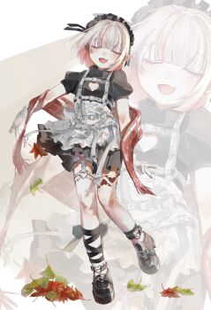 1girl ankle_lace-up ankle_ribbon ankle_strap apron autumn_leaves back_bow belt black_dress black_headdress black_ribbon black_shoes blunt_bangs blush bob_cut bow brown_scarf chain chest_harness cleavage_cutout closed_eyes clothing_cutout collared_dress colored_inner_hair corset cross-laced_clothes cross-laced_corset dress fang floating_hair frilled_shirt_collar frills full_body gloves grey_hair harness heart heart_cutout heart_o-ring highres kikiki_s1 leaf leg_ribbon leg_tattoo loose_belt maid maid_headdress makaino_ririmu makaino_ririmu_(5th_costume) medium_hair multicolored_hair multiple_belts nijisanji no_jacket o-ring o-ring_belt o-ring_harness o-ring_thigh_strap open_mouth pink_hair pink_streaks plaid_clothes plaid_scarf platform_shoes pointy_ears puffy_short_sleeves puffy_sleeves ribbon scarf shoes short_dress short_sleeves skin_fang solo standing standing_on_one_leg streaked_hair tattoo thigh_strap two-tone_hair virtual_youtuber waist_apron white_apron white_background white_belt white_corset white_gloves winged_heart winged_heart_tattoo wings zoom_layer