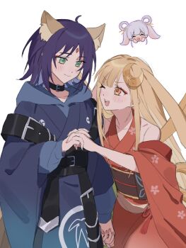 2girls 3girls animal_ears belt black_hair blonde_hair blue_hair blue_hoodie blush chibi chinese_commentary chou_kaguya-hime! collar collarbone commentary_request crescent crescent_hair_ornament detached_sleeves eyeshadow facial_mark forehead_mark green_eyes grey_hair hair_ornament hair_rings highres holding_hands hood hoodie japanese_clothes jinjing_qiewu kaguya_(chou_kaguya-hime!) kimono long_hair looking_at_another makeup multiple_girls obi one_eye_closed open_mouth orange_eyes purple_hair red_eyeshadow red_kimono runami_yachiyo sakayori_iroha sash smile white_background yuri