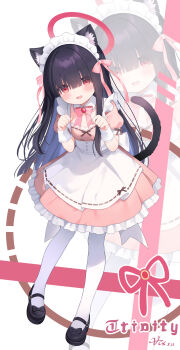 1girl absurdres alternate_costume animal_ear_fluff animal_ears apron black_hair black_shoes blue_archive blunt_bangs blush bow cat_ears cat_girl cat_tail dress enmaided eyes_visible_through_hair hair_bow hair_over_eyes highres justice_task_force_member_(blue_archive) long_hair looking_at_viewer maid maid_apron open_mouth pantyhose paw_pose pink_bow pink_dress puffy_short_sleeves puffy_sleeves shoes short_sleeves sidelocks solo tail white_apron white_pantyhose wrist_cuffs zcx