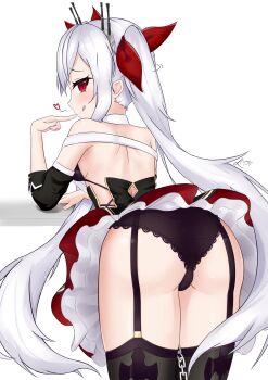 1girl :q absurdres ass azur_lane black_garter_straps black_panties black_thighhighs breasts from_behind garter_straps hair_ribbon heart highres lace lace-trimmed_panties lace_trim light_blush long_hair looking_at_viewer panties petite red_eyes red_ribbon ribbon sideboob simple_background small_breasts solo spk_vampy textless_version thighhighs tongue tongue_out twintails underwear vampire_(azur_lane) very_long_hair white_background white_hair