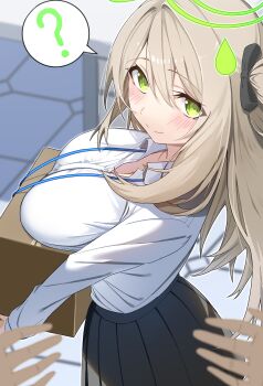 1girl 1other ? absurdres black_bow black_skirt blue_archive bow breast_rest breasts carried_breast_rest carrying collared_shirt green_eyes green_halo hair_bow halo highres huge_breasts long_sleeves looking_at_viewer mizumok1 nonomi_(blue_archive) pov school_uniform shirt skirt solo_focus white_shirt