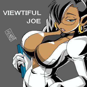 00s 1girl between_breasts black_hair blue_eyes breasts business_suit capcom cleavage dark-skinned_female dark_skin earrings female_focus formal_clothes glasses gloves hair_over_one_eye jewelry large_breasts lips lowres necktie oekaki pointy_ears short_hair solo sprocket_(viewtiful_joe) suit viewtiful_joe