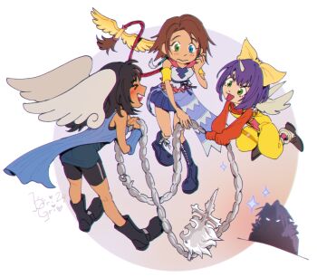 &gt;_&lt; 1boy 3girls alternate_costume black_hair boots bri_(brigriv) brown_hair eiko_carol fairy final_fantasy final_fantasy_ix final_fantasy_viii final_fantasy_x final_fantasy_x-2 glaring green_eyes in-franchise_crossover jewelry kingdom_hearts kingdom_hearts_ii leaning_forward mini_person minigirl multiple_girls necklace official_alternate_costume ponytail purple_hair rinoa_heartilly shaded_face shorts shorts_under_skirt skirt smile squall_leonhart wings yuna_(ff10)