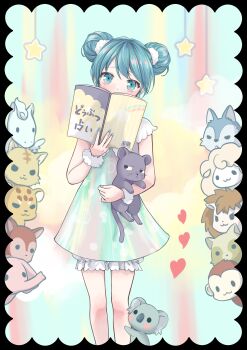 1girl absurdres animal bloomers blue_eyes blue_hair blush book cat covering_own_mouth deer double_bun doubutsu_uranai_(vocaloid) elephant fur_cuffs hair_bun hatsune_miku highres holding holding_animal holding_book horse koala lion looking_at_viewer monkey nagitofuu nail_polish raccoon rainbow sheep short_sleeves solo star_(symbol) underwear vocaloid wolf wrist_cuffs