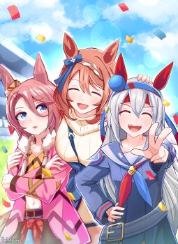 Rule 34 | 1girl, 3girls, absurdres, animal ears, between breasts, blue bag, blue eyes, blue hairband, blue neckerchief, blue sailor collar, blue shirt, blush, bow, braid, breasts, brown hair, closed eyes, clothes around waist, cloud, commentary request, confetti, denim, ear bow, ear covers, fur-trimmed jacket, fur trim, grey hair, hair between eyes, hairband, hand on own hip, headband, headpat, highres, horse ears, horse girl, horse tail, jacket, jacket around waist, jeans, large breasts, long hair, long sleeves, midriff, multicolored hair, multicolored hairband, multiple girls, narita taishin (nevertheless) (umamusume), narita taishin (umamusume), navel, neckerchief, open mouth, pants, pink jacket, prototype design, red headband, red neckerchief, sailor collar, shirt, short hair, smile, streaked hair, striped clothes, striped hairband, super creek (murmuring stream) (umamusume), super creek (umamusume), sweater, tail, tamamo cross (umamusume), tank top, teeth, tied shirt, torinosukei, two-tone hairband, umamusume, upper teeth only, very long hair, w, white hair, white sweater, yellow shirt, yellow tank top