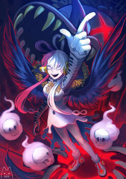 1girl 1other absurdres arm_up artist_request aura bare_legs black_ribbon black_wings breasts buttons cowboy_shot creature creepy demon devil_fruit dress empty_eyes evil_grin evil_smile eyelashes fangs floating_hair frilled_dress frills gradient_background grin hair_over_one_eye hair_rings hat headphones highres lips long_hair long_sleeves looking_at_viewer multicolored_hair music musical_note neck_ribbon one_piece one_piece_film:_red open_clothes open_mouth puffy_long_sleeves puffy_sleeves purple_eyes red_hair ribbon shaded_face sharp_teeth sidelocks size_difference skull sleeves_past_wrists smile split-color_hair summoning teeth tot_musica_(one_piece) two-tone_hair uta_(one_piece) white_dress white_hair wide_hips wings yandere