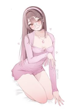 1girl among_us bare_shoulders black_choker blush breasts brown_hair chaisia_art choker collarbone colored_tips dress glasses gradient_hair green_eyes hair_ornament hairclip heart highres jewelry long_hair long_sleeves looking_at_viewer michi_(chaisia_art) multicolored_hair necklace patreon_username pink_(among_us) pink_dress pink_hair pink_nails pink_sleeves round_eyewear short_dress simple_background small_breasts solo taut_clothes taut_dress very_long_hair white_background