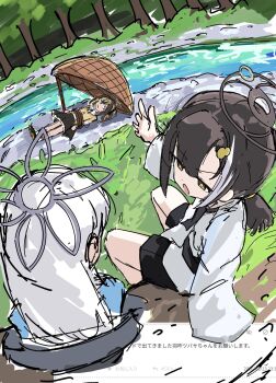 3girls black_shorts blue_archive blue_shirt bound brown_hair brown_halo commentary_request drop_trap dutch_angle grey_hair grey_halo halo highres konoka_(blue_archive) long_hair lying multiple_girls nshima000 on_back rena_(blue_archive) restrained river shirt shorts sitting sketch tied_up_(nonsexual) translation_request tsubasa_(blue_archive) twintails white_shirt
