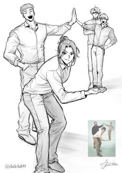 Rule 34 | 2boys, 2girls, belt, collared shirt, commentary request, crossed arms, dalchi09, full body, grin, hair bun, hand in pocket, hand on own hip, jung heewon, kim dokja, korean commentary, lee hyunsung, multiple boys, multiple girls, omniscient reader's viewpoint, perspective, photo-referenced, reference inset, shirt, shirt tucked in, short hair, sidelocks, smile, t-shirt, yoo joonghyuk