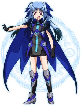 armor blue_cloak blue_hair blue_ribbon cloak levi_the_slasher lyrical_nanoha mahou_shoujo_lyrical_nanoha_reflection red_eyes ribbon teeth