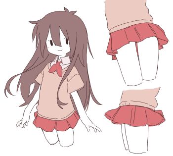 1girl black_eyes blush brown_hair brown_sweater colored_skin loli long_hair looking_at_viewer lower_body mob_face multiple_views neck_ribbon orenjipiiru original red_ribbon red_skirt ribbon school_uniform shirt short_sleeves skirt smile standing sweater white_background white_shirt white_skin