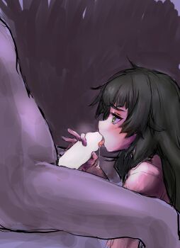 1boy 1girl blush censored clothed_female_nude_male dakaretai dripping fellatio hetero highres hiyajou_maho licking licking_penis long_hair nude oral penis precum science_adventure steins;gate steins;gate_0 tongue tongue_out