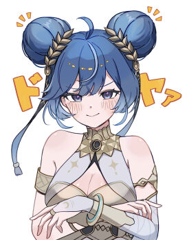 1010_(wuthering1010) 1girl absurdres ahoge alternate_costume armlet bare_shoulders blue_eyes blue_hair blush breasts cleavage closed_mouth commentary_request double_bun gold_bra hair_bun highres iuno_(wuthering_waves) jewelry laurel_crown looking_at_viewer medium_breasts multicolored_hair short_hair simple_background smile solo streaked_hair upper_body white_background wuthering_waves
