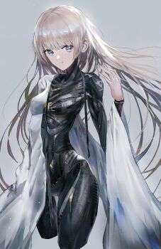 1girl barcode blue_eyes brown_hair commentary cowboy_shot cyborg floral_print grey_background highres logo long_hair looking_at_viewer original partially_undressed power_suit science_fiction simple_background smile solo swav very_long_hair