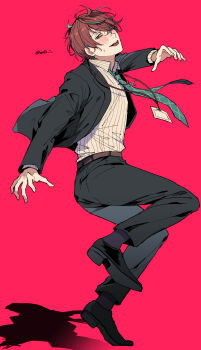 1boy absurdres aqua_eyes aqua_streaks bags_under_eyes black_jacket black_pants crossed_bangs dress_shoes floating_clothes floating_hair formal_clothes grey_socks half-closed_eyes highres hypnosis_mic id_card jacket kannonzaka_doppo looking_at_viewer male_focus pants pink_background red_hair salaryman shirt socks solo striped_blush striped_clothes striped_shirt suit sweat tongue tongue_out twitter_username wata_i white_shirt