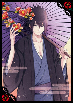 1boy alternate_costume black_eyes black_hair black_haori flower haori highres holding holding_umbrella japanese_clothes kimono long_sleeves looking_to_the_side male_focus mochiii-s naruto_(series) naruto_shippuuden oil-paper_umbrella parted_lips pectorals purple_kimono short_hair solo uchiha_sasuke umbrella wide_sleeves