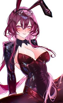 animal_ears breasts clothing_cutout eyewear_on_head hair_between_eyes highres honkai:_star_rail honkai_(series) kafka_(honkai:_star_rail) large_breasts long_hair looking_at_viewer pantyhose playboy_bunny purple_eyes purple_hair rabbit_ears round_eyewear sanya_(sanya_lox228) smile solo