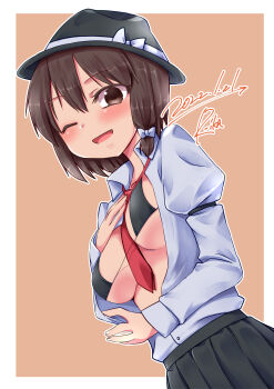 1girl bikini black_bikini black_hat black_skirt blush border bow brown_background brown_eyes brown_hair collared_shirt commentary_request cowboy_shot dated dress_shirt dutch_angle fedora hair_bow hand_on_own_chest hat hat_bow highres long_sleeves looking_at_viewer medium_hair micro_bikini necktie one_eye_closed open_clothes open_mouth open_shirt outline paid_reward_available red_necktie shirt shirt_tucked_in signature skirt smile solo suzu_keika swimsuit touhou usami_renko white_border white_bow white_outline white_shirt