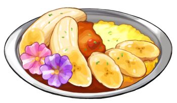 artist_request banana banana_slice curry curry_rice flower food food_focus fruit game_cg garnish nintendo no_humans official_art pink_flower plate pokemon pokemon_swsh purple_flower rice third-party_source transparent_background