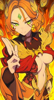 Rule 34 | 1girl, braid, breasts, breasts apart, center opening, commission, earrings, eyeliner, fiery background, fire, flame print, forehead jewel, green eyes, hair ornament, hand up, hata4564, highres, jewelry, kuji-in, long hair, makeup, medium breasts, orange hair, original, red eyeliner, red shawl, shawl, single braid, skeb commission, solo, stomach