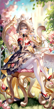 1girl black_dress black_shoes blue_eyes breasts brown_hair cake cake_slice chair chibi closed_mouth couch crossed_legs cup dress food full_body genshin_impact gloves half_gloves hand_up highres holding holding_cup long_hair long_sleeves on_couch outdoors pantyhose sandrone_(genshin_impact) sheya shoes signature sitting solo teacup very_long_hair white_gloves white_pantyhose