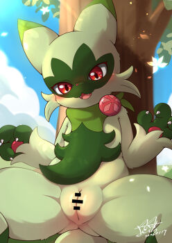 1girl 2026 animal_ears artist_name bar_censor blue_sky blush cat_ears cat_girl cat_tail censored claws cleft_of_venus cloud dated fangs feith-zr female_focus floragato furry furry_female gen_9_pokemon green_fur highres looking_at_viewer nintendo open_mouth outdoors pokemon pokemon_(creature) pussy red_eyes sky solo spread_legs tail tree