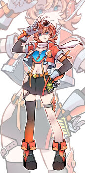 Rule 34 | 1girl, absurdres, adjusting goggles, antenna hair, armband, belt, black skirt, blue eyes, boots, closed mouth, commentary request, cropped jacket, fei luo mao, full body, gloves, goggles, goggles on head, gradient thighhighs, headset, high heel boots, high heels, highres, jacket, kamen rider, kamen rider gotchard, kamen rider gotchard (series), midriff, navel, open clothes, open jacket, orange armband, orange belt, orange boots, orange hair, orange jacket, rider-tan, short hair, short sleeves, single thighhigh, skirt, solo, standing, thighhighs, white gloves, zipper, zoom layer