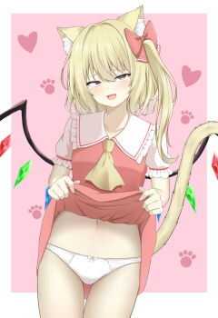 1girl :d animal_ear_fluff animal_ears ascot blonde_hair blush border bow bow_panties cat_ears cat_girl cat_tail clothes_lift commentary_request cowboy_shot crystal_wings eyelashes fang flandre_scarlet frilled_shirt_collar frills furrowed_brow hair_between_eyes hair_bow half-closed_eyes hands_up heart highres kemonomimi_mode lifting_own_clothes looking_at_viewer medium_hair naughty_face navel no_headwear one_side_up open_mouth outside_border paid_reward_available panties paw_print pink_background puffy_short_sleeves puffy_sleeves red_bow red_eyes red_skirt red_vest shirt short_sleeves simple_background skirt skirt_lift smile solo straight_hair szl tail tail_raised thigh_gap touhou tsurime underwear upturned_eyes vest white_border white_panties white_shirt wings yellow_ascot yellow_tail