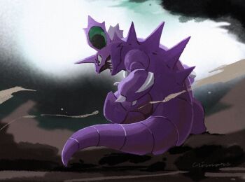 black_eyes claws commentary_request from_behind full_body gen_1_pokemon highres looking_to_the_side nidoking nintendo no_humans open_mouth pokemon pokemon_(creature) sharp_teeth standing teeth uninori