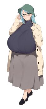 1girl blush breasts coco_(setawar) danielle_(setawar) gigantic_breasts glasses green_eyes hat highres jacket long_hair long_skirt nature original ribbed_sweater shoes skirt smile solo sweater turtleneck turtleneck_sweater white_background