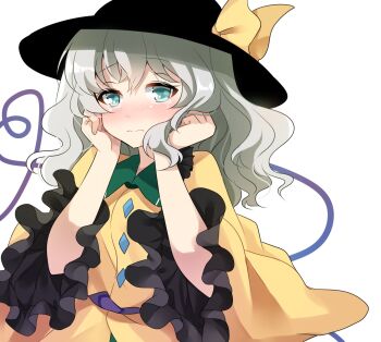 Rule 34 | 1girl, alice (user ugw0166), black hat, blush, bow, buttons, closed mouth, commentary request, contrast collar, crying, crying with eyes open, diamond button, dot nose, frilled shirt collar, frilled sleeves, frills, green eyes, grey hair, hands on own cheeks, hands on own face, hat, hat bow, heart, heart of string, highres, komeiji koishi, long sleeves, looking at viewer, loose hair strand, medium hair, sad, shirt, simple background, solo, tears, touhou, upper body, white background, wide sleeves, yellow bow, yellow shirt