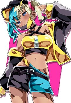 1girl :q adapted_costume bandana black_hair black_hat black_jacket black_shorts blonde_hair blue_eyes blue_hair blue_shorts blush canari_(pokemon) dark-skinned_female dark_skin hat highres jacket looking_at_viewer multicolored_hair navel nintendo open_clothes open_jacket pink_background pokemon pokemon_legends:_z-a shiki_(kisikisi1007) shorts solo standing thighs tongue tongue_out twintails two-tone_background two-tone_shorts white_background yellow_bandana