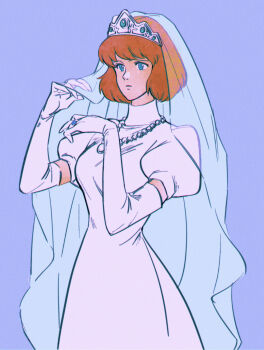 1girl bead_necklace beads blue_background blue_eyes bridal_veil bride brown_hair castle_of_cagliostro clarisse_de_cagliostro closed_mouth dress elbow_gloves gloves hashi84e highres jewelry looking_ahead lupin_iii necklace puffy_short_sleeves puffy_sleeves ring short_hair short_sleeves simple_background solo tiara veil wedding_dress white_gloves