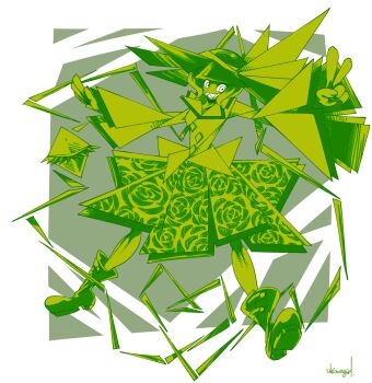 Rule 34 | 1girl, boots, bow, commentary request, floral print, full body, geometry, green theme, grin, hat, hat bow, highres, komeiji koishi, looking at viewer, math, monochrome, print skirt, rose print, sharp teeth, shirt, short hair, skirt, smile, solo, teeth, touhou, ukiwagirl, v