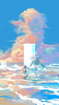 1girl absurdres animal_costume beach bloop_(gawr_gura) blue_eyes blue_hair blue_hoodie blue_sky blunt_bangs cloud commentary cumulonimbus_cloud day english_commentary fins fish_tail full_body gawr_gura gawr_gura_(1st_costume) grey_hair highres holding holding_polearm holding_weapon hololive hololive_english hood hoodie long_hair long_sleeves making-of_available multicolored_hair no_pants one_eye_closed outdoors polearm shark_costume shark_girl shark_tail sharp_teeth shoes sky sleeves_past_wrists sneakers solo streaked_hair tail teeth trident two_side_up virtual_youtuber weapon white_shoes wide_sleeves yonojimo_ciix