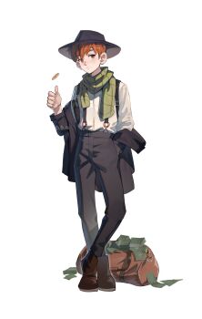 1boy alternate_costume banknote black_hat black_jacket black_pants brown_bag brown_hair brown_shoes chilchuck_tims chinese_commentary chuo_chuo_ye coin commentary_request crossed_ankles dungeon_meshi full_body green_scarf halfling hand_in_pocket hand_up hat highres jacket long_sleeves looking_at_viewer male_focus money off_shoulder pants scarf shirt shoes short_hair simple_background solo standing suspenders transparent_background white_shirt