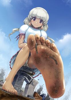 1girl absurdres bare_legs barefoot blue_sky blush building city closed_mouth cloud dark-skinned_female dark_skin destruction dirty dirty_feet ebisu_eika ebizome feet female_focus foot_focus foreshortening frilled_shirt frilled_skirt frills full_body giant giantess highres long_earlobes looking_at_viewer medium_hair panties polka_dot polka_dot_shirt puffy_short_sleeves puffy_sleeves red_eyes scan scan_artifacts shirt short_sleeves sitting skirt sky skyscraper smile soles solo toenails toes touhou train trampling underwear white_hair white_panties white_shirt white_skirt