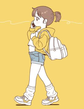 1girl backpack bag brown_eyes brown_hair cellphone commentary_request denim denim_shorts full_body hair_tie holding holding_phone jacket leg_warmers long_sleeves loose_socks midriff navel onyhakase original phone ponytail shirt shoes short_ponytail short_shorts shorts smartphone sneakers socks solo talking_on_phone walking white_shirt yellow_background yellow_jacket