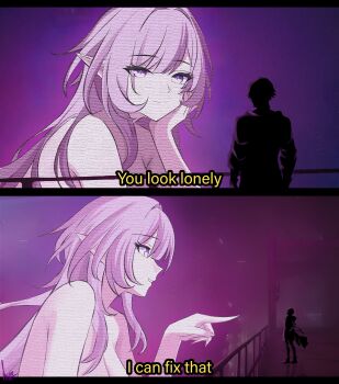 Rule 34 | 1boy, 1girl, absurdres, abysssian, blade runner (series), blade runner 2049, breasts, caelus (honkai: star rail), closed mouth, commentary, cyrene (honkai: star rail), cyrene (demiurge) (honkai: star rail), diamond-shaped pupils, diamond (shape), english commentary, english text, head rest, highres, honkai: star rail, honkai (series), large breasts, letterboxed, long hair, meme, parted lips, pink eyes, pink hair, pointing, pointing at another, sidelocks, signature, smile, symbol-shaped pupils, trailblazer (honkai: star rail), you look lonely (meme)