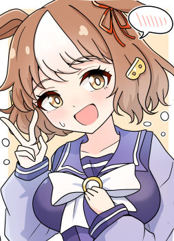 1girl absurdres animal_ears arnolddayo belno_light_(umamusume) blush bow bowtie breasts brown_hair commentary_request ear_ribbon hair_ornament highres horse_ears horse_girl large_breasts letter_hair_ornament long_sleeves looking_at_viewer multicolored_hair open_mouth purple_sailor_collar purple_serafuku purple_shirt sailor_collar sailor_shirt school_uniform serafuku shirt short_hair smile speech_bubble sweatdrop tracen_school_uniform two-tone_hair umamusume umamusume:_cinderella_gray upper_body white_background white_bow white_bowtie white_hair