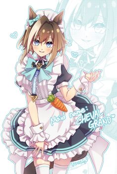 1girl anchor anchor_symbol animal_ears apron blue_eyes blush breasts brown_hair cheval_grand_(umamusume) ear_covers ears_through_headwear hair_between_eyes hat_belt highres horse_ears horse_girl horse_tail kotorimyuu looking_at_viewer maid maid_apron maid_headdress multicolored_hair open_mouth simple_background single_ear_cover smile solo streaked_hair tail umamusume white_background white_hair